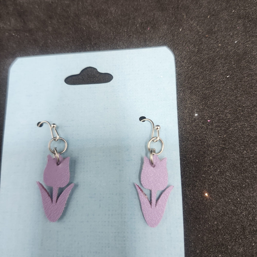 Hand Crafted Faux Leather Dangle Elegant Purple Tulip Earrings